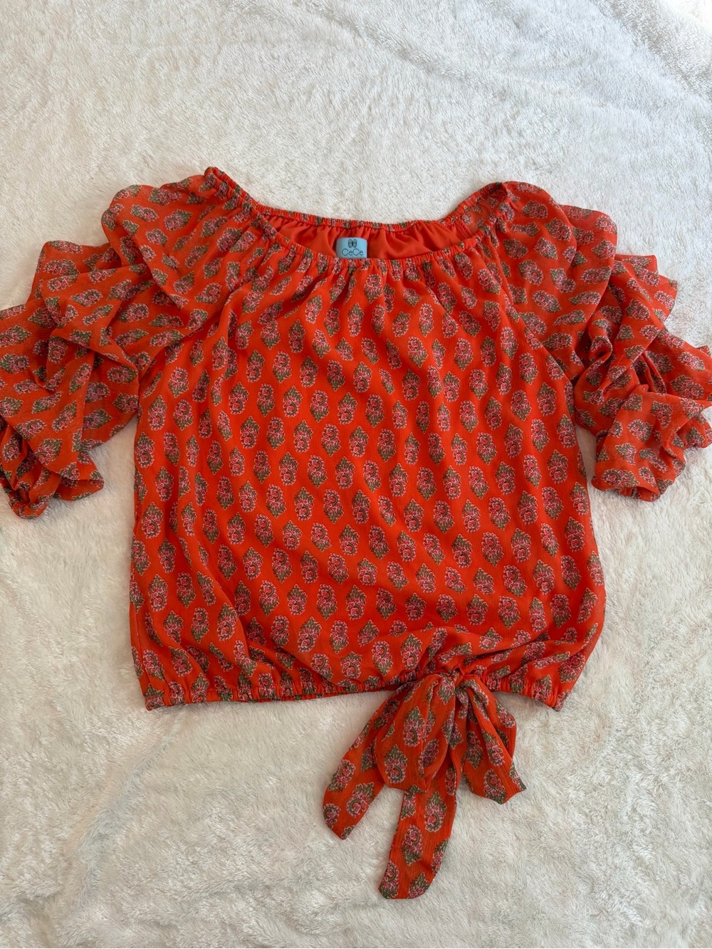 CeCe Orange Paisley Tie-Front Off-Shoulder Blouse